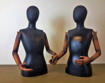 Pair Wooden Torso Display Figures Mannequin Jointed Moveable Arms Jewelry / Crafting Display