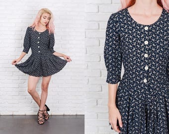 Vintage 80s 90s Grunge Mini Dress Romper Puff Slv Floral Print Small S 9847