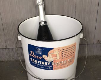 Vintage White Enameled Metal Duro Diaper Pail
