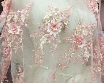 E 3D Floral Lace Embroidery Bridal Applique Beaded Pearl Tulle Wedding Vintage