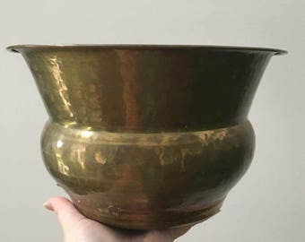 Large Hammered Brass Planter with Liner / Rustic Planter / Bohemian