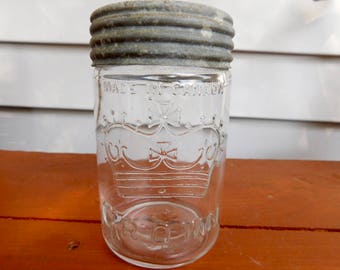 Vintage Canadian Crown Mason Clear Canning Jar, Authentic Rare Pint Canadian Jar with Zinc Lid & Crown Glass Insert, Circa Early 1932