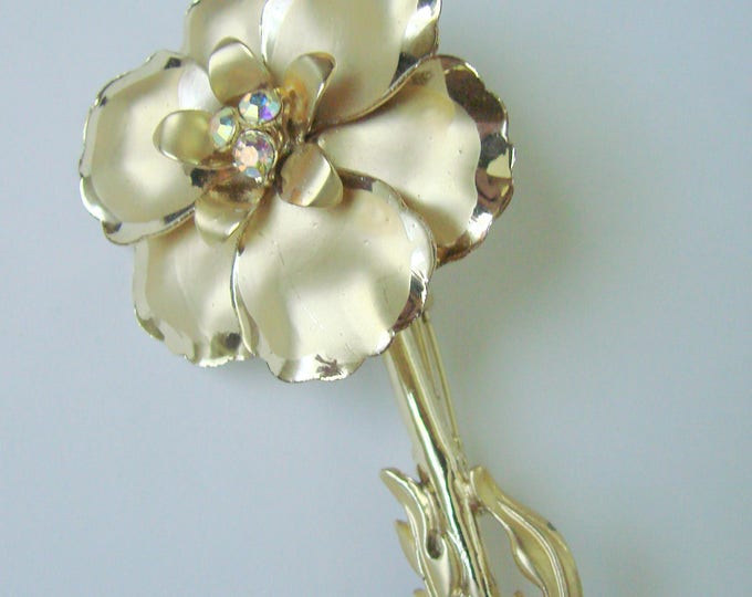 Large Vintage Floral Aurora Borealis Gold Tone Brooch / Long Stem Floral Brooch / Mid Century / Jewelry / Jewellery