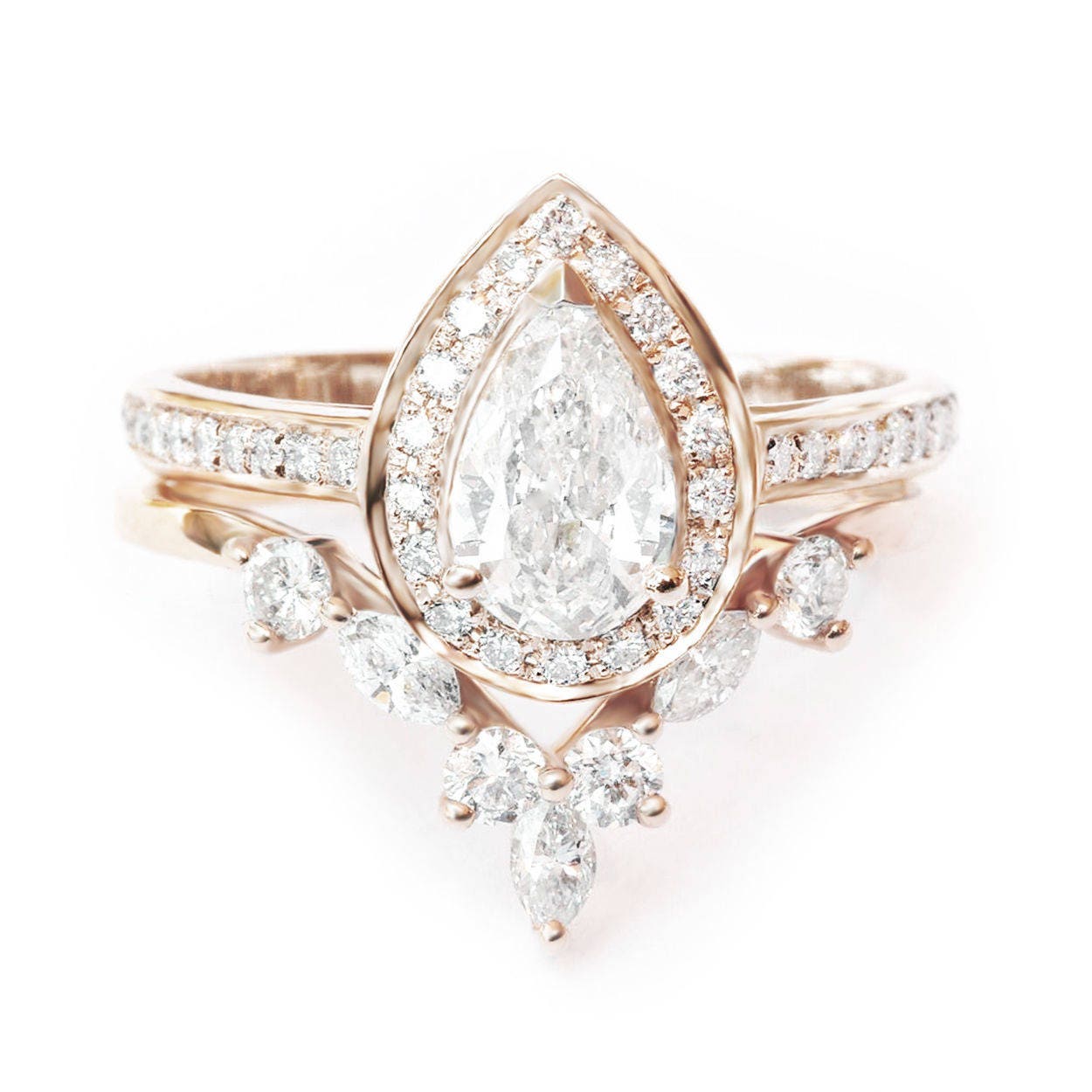 Pear Diamond Halo Engagement Ring Matching Marquise Crown