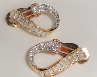 Gold Tone Curl Baguette Clear Rhinestone Clip Back Earrings