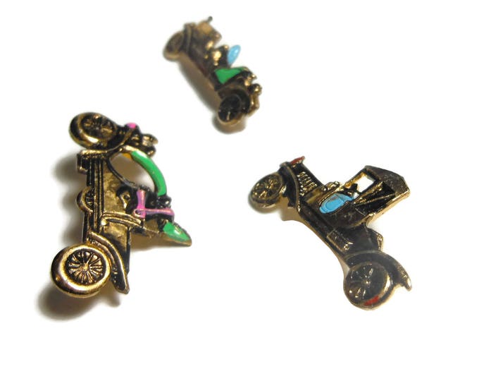 Car scatter brooches, antique cars, enamel on gold, tie tacks lapel pins, runabouts phaetons touring cars Pierce Arrow Motor Hansom Model T