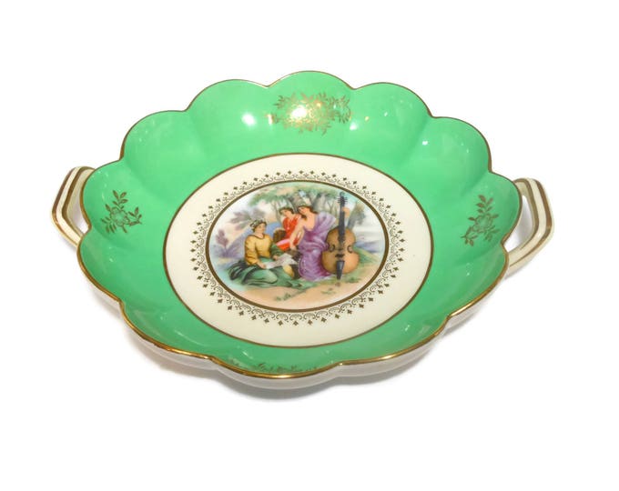 Noritake candy dish, small serving plate, 1930's era, scenic 3 women one playing cello, green border, hand painted two handles gold rimmed