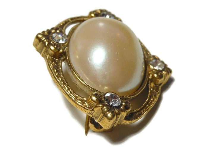 1928 pearl cabochon brooch, oval faux pearl cabochon with ornate frame decorated with rhinestones, wedding brooch pearl, something old pearl
