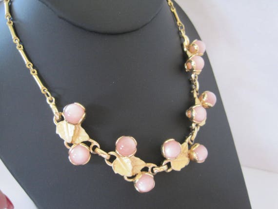 Pink Moonglow Choker - Gold Enamel Leaves - Lucite Stones - Wedding Choker