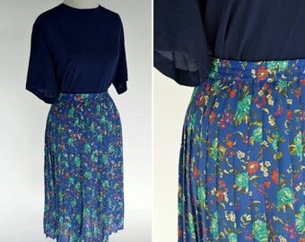 SUMMER SALE Vintage 1980's Blue Pleated Skirt - Midi High waist skirt - Accordion pleated Floral Skirt - Ladies size Large