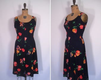 1970s black floral print day dress • 70s black flower print summer dress • vintage love at first sight dress