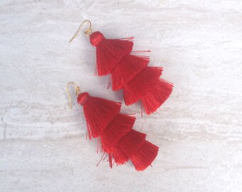 Cha Cha Tiered Tassel Earrings, Red Stacked Tassle Earrings, Fringe Tassel Earrings, Summer Earrings, Colorful, Trendy,Lightweight 3" Drop