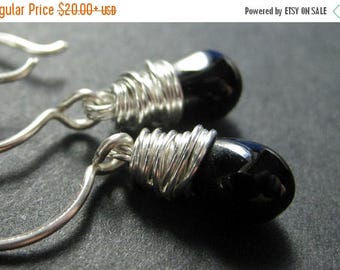 BACK to SCHOOL SALE Black Earrings. Wire Wrapped Black Teardrop Earrings in Silver. Handmade Jewelry.