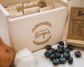 5x7 - Wood Recipe Box with recipe stand also includes engraved wood recipe card dividers