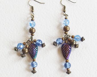 Boucles d'Oreilles Vintage Baroque - Harmonie Bleu et Bronze - Perles Shamballa, Verre, Perles tibétaines - Bijou créateur, en pièce unique