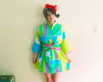 Vintage Neon Rainbow Colorblock Tent Dress // Mini House Dress // Rainbow Print 1960s