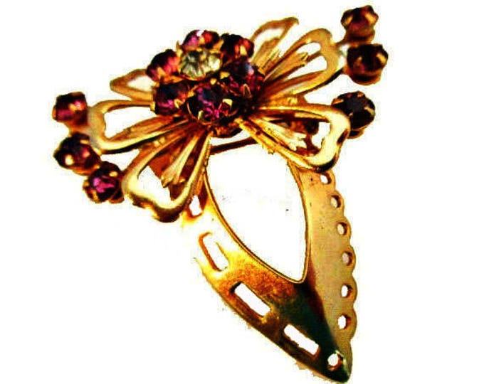 Purple Rhinestone Brooch - Flower - Gold Bow - mid century pin