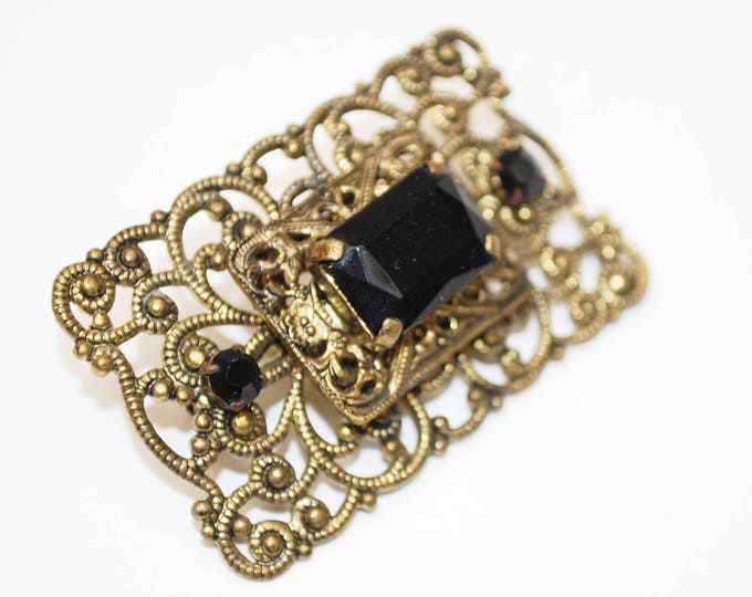 Black Glass Brass Brooch - rectangle gold filigree - mourning pin