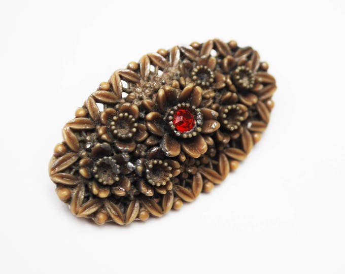 Celluloid Flower Bar Brooch Olive green with red rhinestone pin
