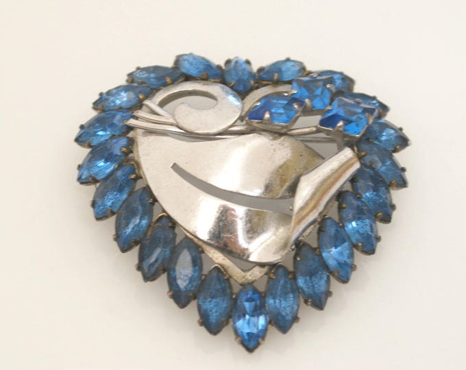 Blue Heart Brooch - Rhinestone - open back - silver - mid century pin -light bluish crystal