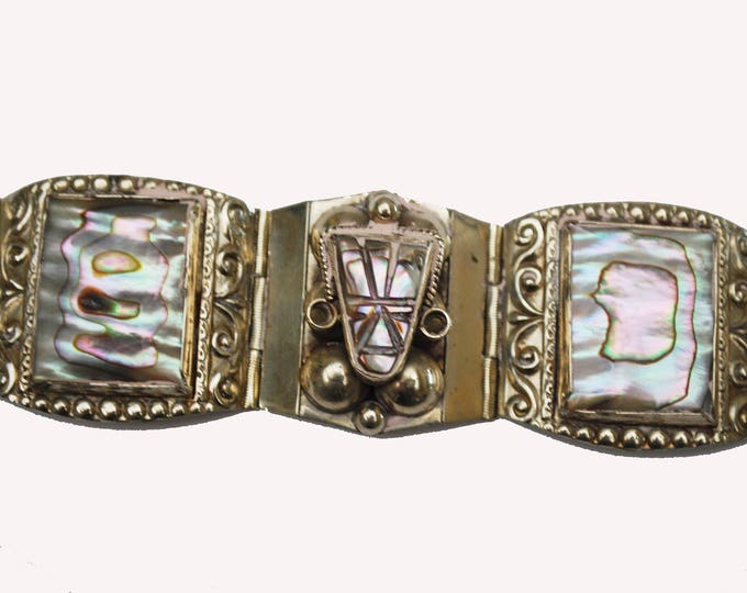 Taxco Sterling Mask face link bracelet - Abalone Shell - AR Mexico signed - Tribal - 925 bangle