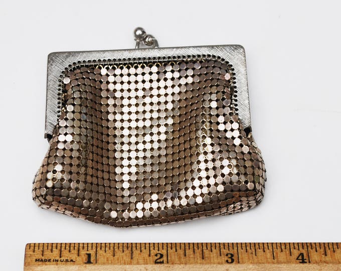 Silver Mesh Change Purse -Whiting and Davis signed - small silver metal clutch - coin pouch