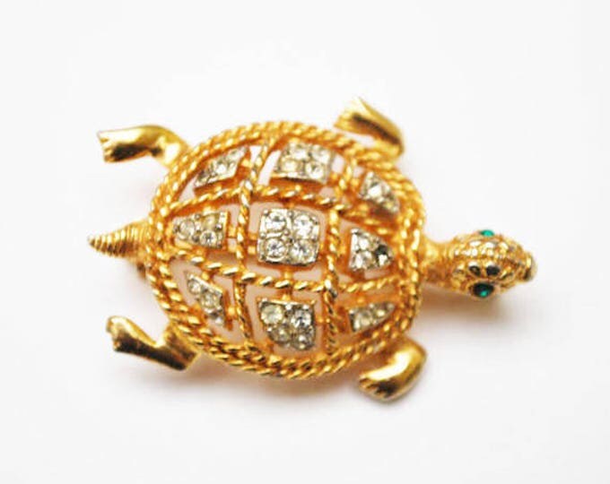 Turtle Brooch - Signed KJL - Rhinestone - Gold - Kennith Jay Lane - figurine pin