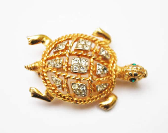 Turtle Brooch - Signed KJL - Rhinestone - Gold - Kennith Jay Lane - figurine pin