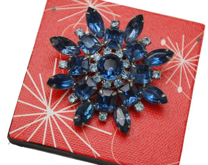 Blue Rhinestone Flower Brooch - Mid Century - silver metal - blue crystal - 2 1/4 inch - Atomic Pin