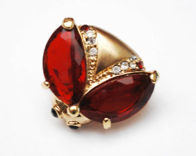 Monet Rhinestone Bug Brooch - Red crystal - Gold plated - Mid Century - small Bee Scatter PIn