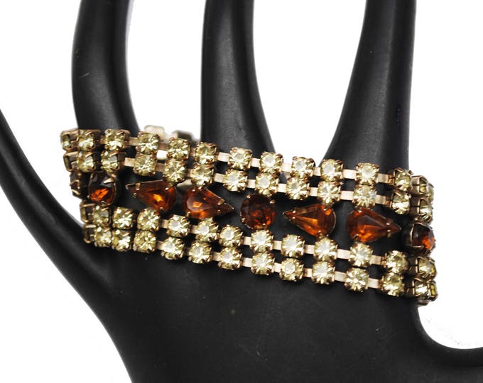 Rhinestone Bracelet - Brown Yellow Crystal - Mid century - Tennis bracelet