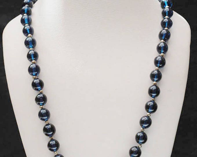 Blue Glass Bead necklace - round dark blue beads - silver beads - long 34 inch necklace