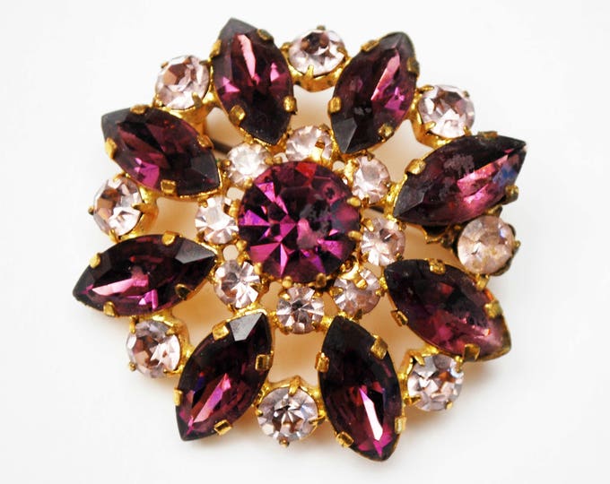 Purple Atomic Brooch - Amethyst color Glass Crystal flower - gold plating floral pin
