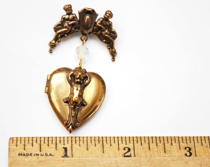 Gold Heart Locket Brooch - photo locket - Cupid - Cherub - Crystal Dangle pin