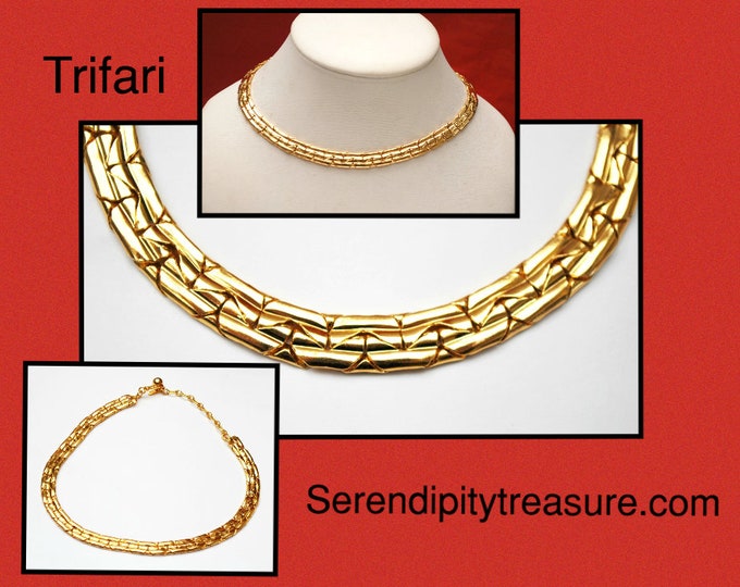 Trifari Gold Chain necklace - Collar Choker- flat gold plated links -