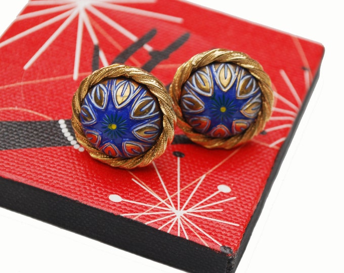 blue pained cuff link - gold metal - Mid century - round domed white gold leaf - vintage cuff links