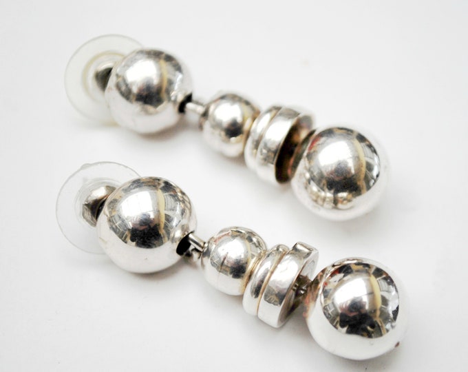 Sterling ball Dangle Earrings -Signed Mexico Silver drop earring - Boho gypsy