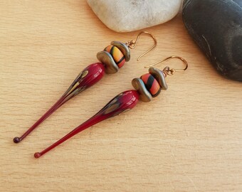 Lamp work dangle earrings, Statement earrings, Polymer clay earrings,Lamp work red beads , Lamp work charms, Women's gift, handmade gift
