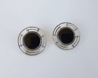 Vintage 1970's Pierced Onyx and Sterling Silver Large Circle Post Earrings
