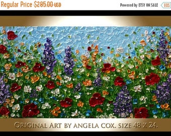 SALE Modern Floral Multicolored Flowers Acrylic Impasto Palette Knife wall Art Painting. Made2Order. Size 48 x 24..