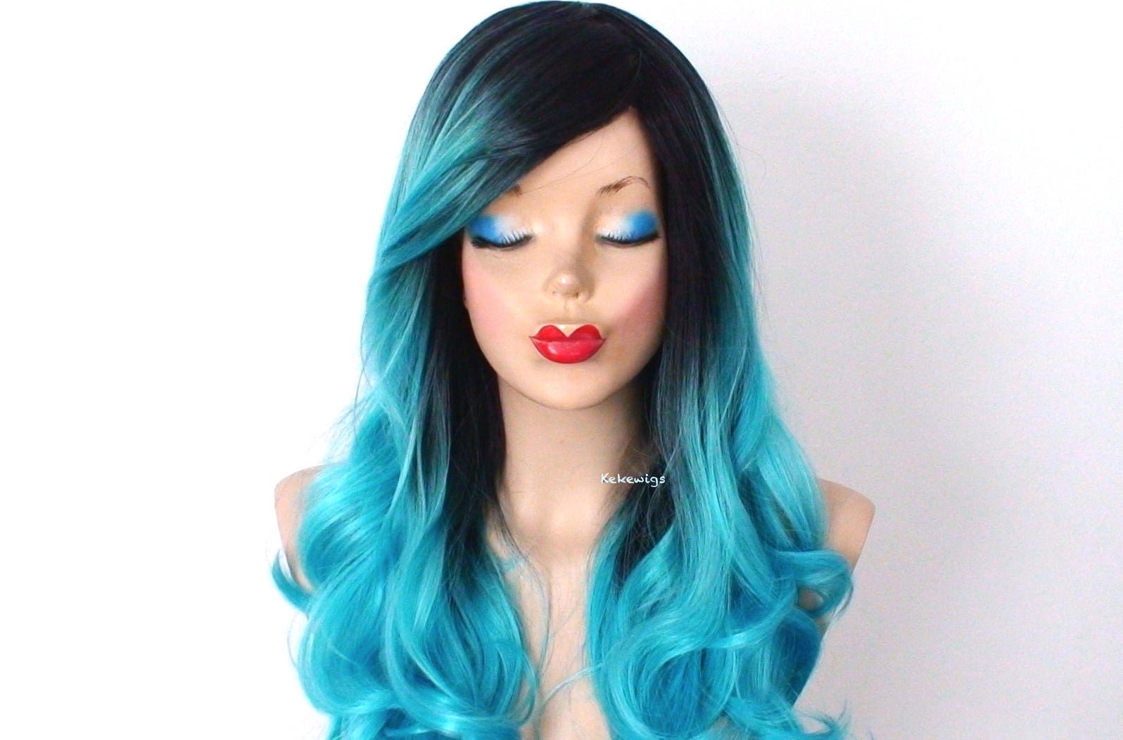 Ombre wig Teal blue wig Long curly hair with a dark roots 