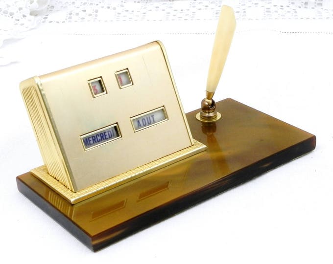 Vintage French Mid Century Metal and Perspex Perpetual Calendar and Pen Holder, Retro Midcentury Office Decor, Vintage 1960s Desk Tidy