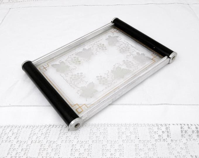 Antique Art Deco Glass Tray with Wooden Handles Gilt Banding and Decorated Vine Leaves and Grape Pattern, Retro Vanity Boudoir Accessory Antique Art Deco Glass Tray with Wooden Handles Gilt Banding and Decorated Vine Leaves and Grape Pattern, Retro Vanity Boudoir Accessory