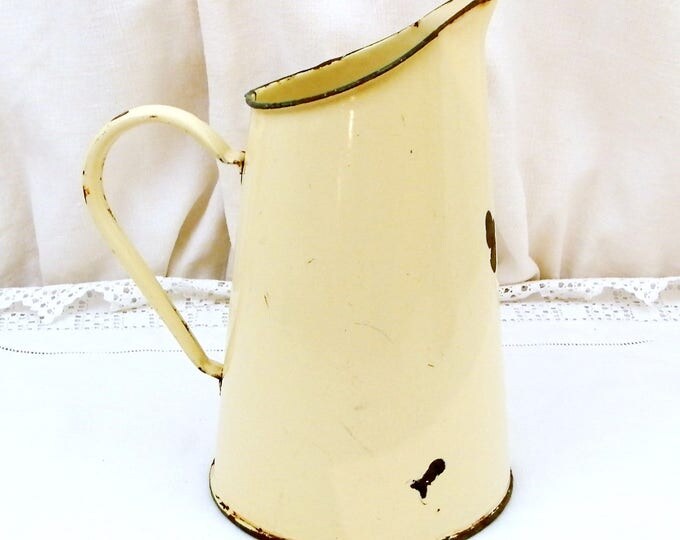 Small Antique French Pale Yellow / Beige French Enamelware Pitcher, Chippy Enamel Jug / Vase