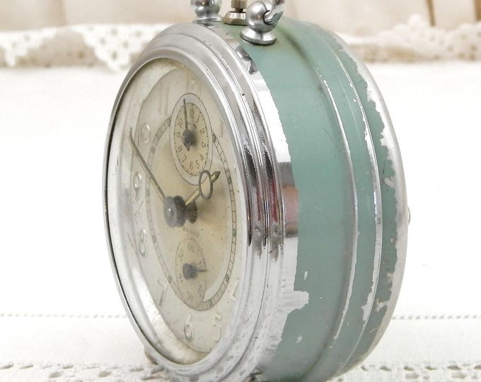 Vintage Working French Art Deco Mechanical Wind Up Bayard Alarm Clock Chrome and Mint Green Metal, Bedside Timepiece from France C 1940s