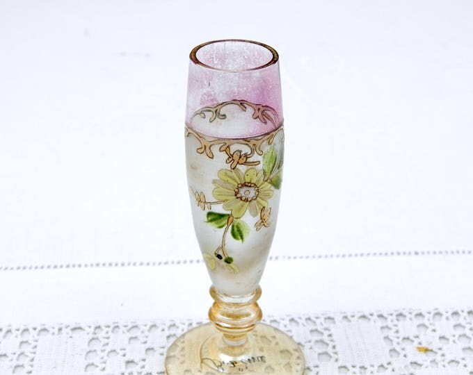 Small Antique Hand Painted Boheme Glass Posy Vase, Tiny French Art Nouveau Flower Bouquet Stem Foot Glass Vase with Painte Floral Pattern