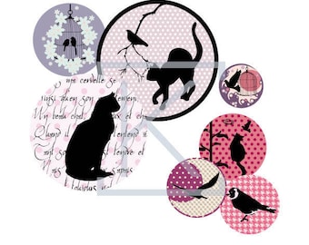 135 circles of round and oval digital images cats and birds print