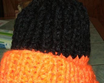 Hat - handmade - black and neon orange