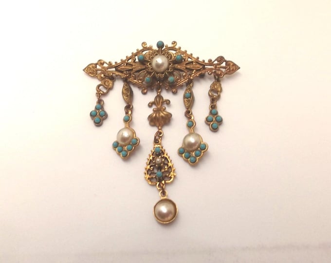 Pearl Turquoise Brooch, Vintage Filigree Dangle Pin, Victorian Revival Pin, Designer Signed