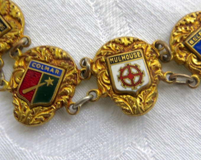 Vintage French Souvenir Bracelet, Regions of France, Heraldic Style, French Jewelry